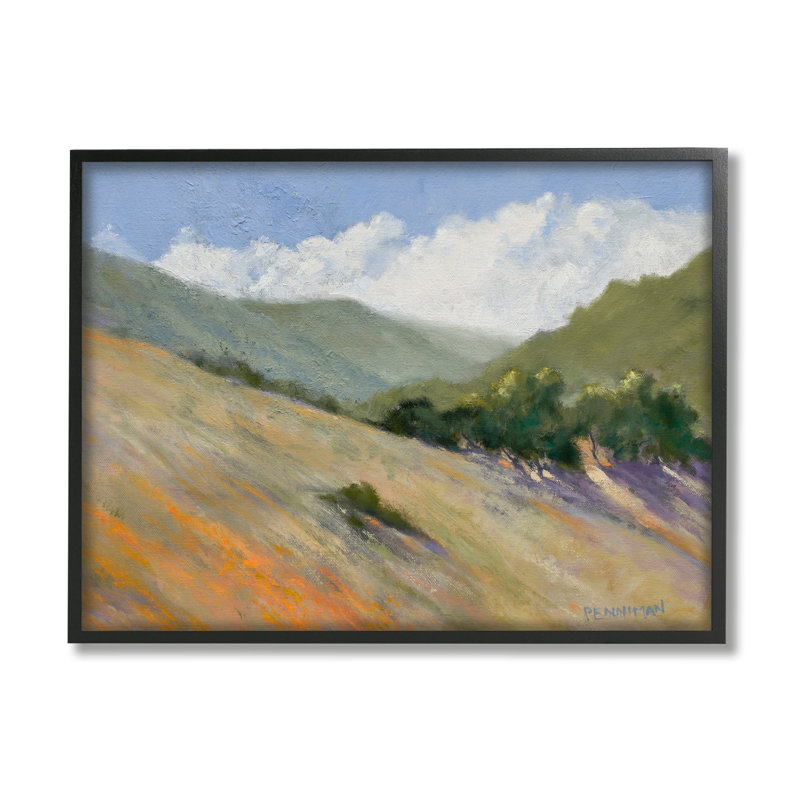 «Sloped Nature Modern Landscape» par Sally Swatland - Peinture, H 11 po x l 14 po x P 1,5 po, Giclée encadrée noir minuit
