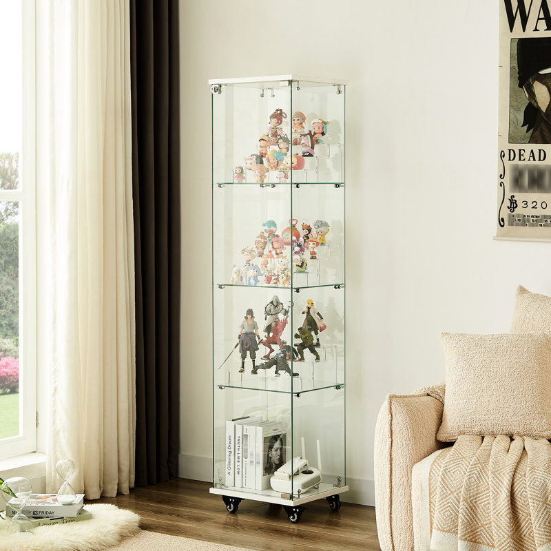 Armoire en verre blanche à 4 niveaux avec serrure et roulettes, 3 tablettes en acrylique pour la présentation du trophée, L 15,8 po x l 14,2 po H 65,1 po, rangement pratique, unité