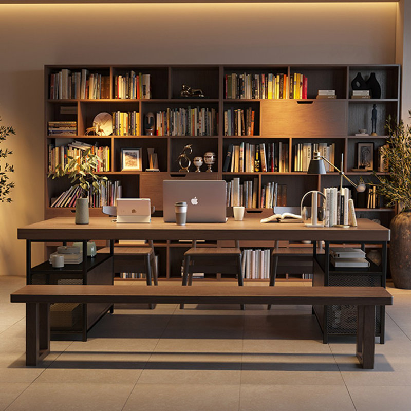 Bureau rectangulaire brun et noir en bois massif et fer, 29.53" H x 62.99" W x 27.56" D
