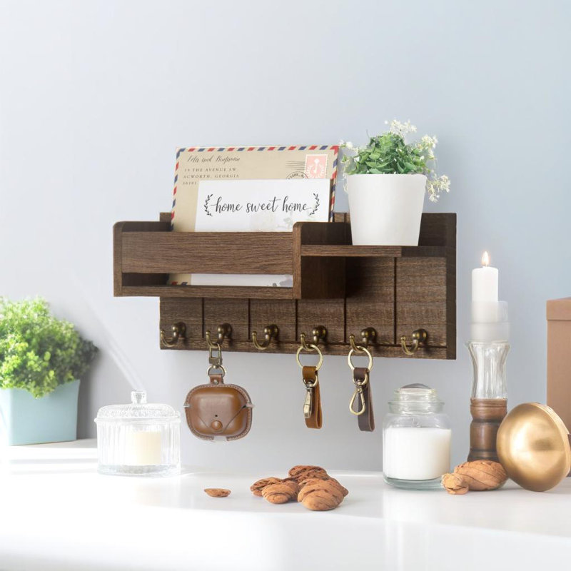 Porte-clés mural et organisateur de courrier avec 6 crochets - Porte-clés décoratif avec tablette pour entrée, salon, cuisine, chambre à coucher ou bureau - Porte-clés rustique en bois