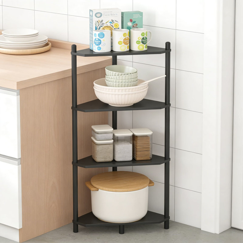 Étagère de coin à 4 niveaux - Rangement robuste en bambou pour la salle de bain, le salon, la chambre à coucher, le bureau et la cuisine
