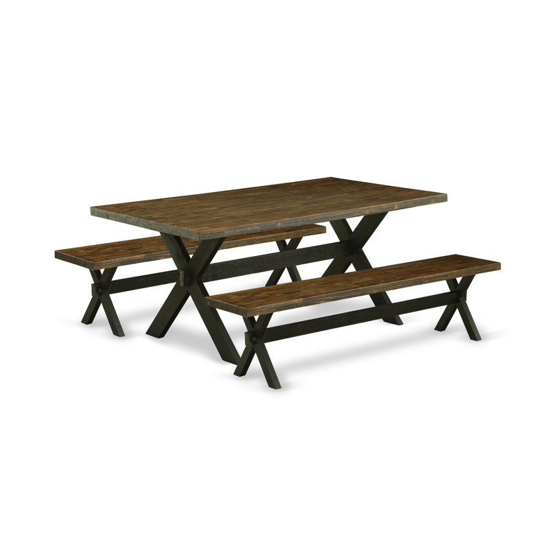 L'ensemble de table de salle à manger 3 pièces comprend une table de cuisine rectangulaire avec pieds en X et 2 bancs de salle à manger, finition noire brossée