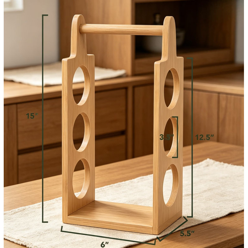 Support à vin pré-assemblé en bambou pour 3 bouteilles - Comptoir compact ou présentoir de bar au design moderne et naturel