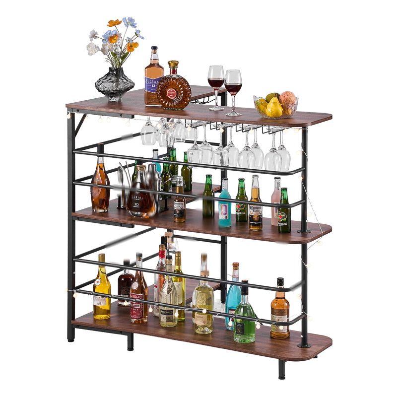 Unité de bar en L avec rangement à 3 niveaux et support à vin brun
