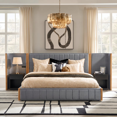 Jenson Modern Luxury Velvet Upholstered Platform Bed with Extended Wingback Headboard, Built-in USB & Type-C Charging Ports, Wood Trim, No Box Spring Needed