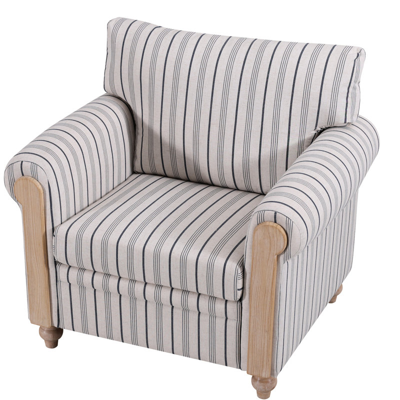 Fauteuil à rayures bleues et blanches, accoudoirs arrondis, dossier confortable garni de coton PP, siège en mousse à ressorts, coussin amovible, structure multicouche en bois massif, pieds en bouleau, profondeur 77,1 cm (30,37 po) *