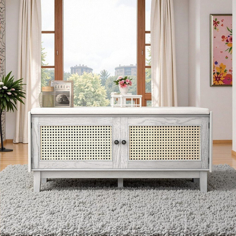 Banc de rangement avec portes en rotin, structure en bois de pin, coussin amovible et tablettes réglables, Beige, gris délavé