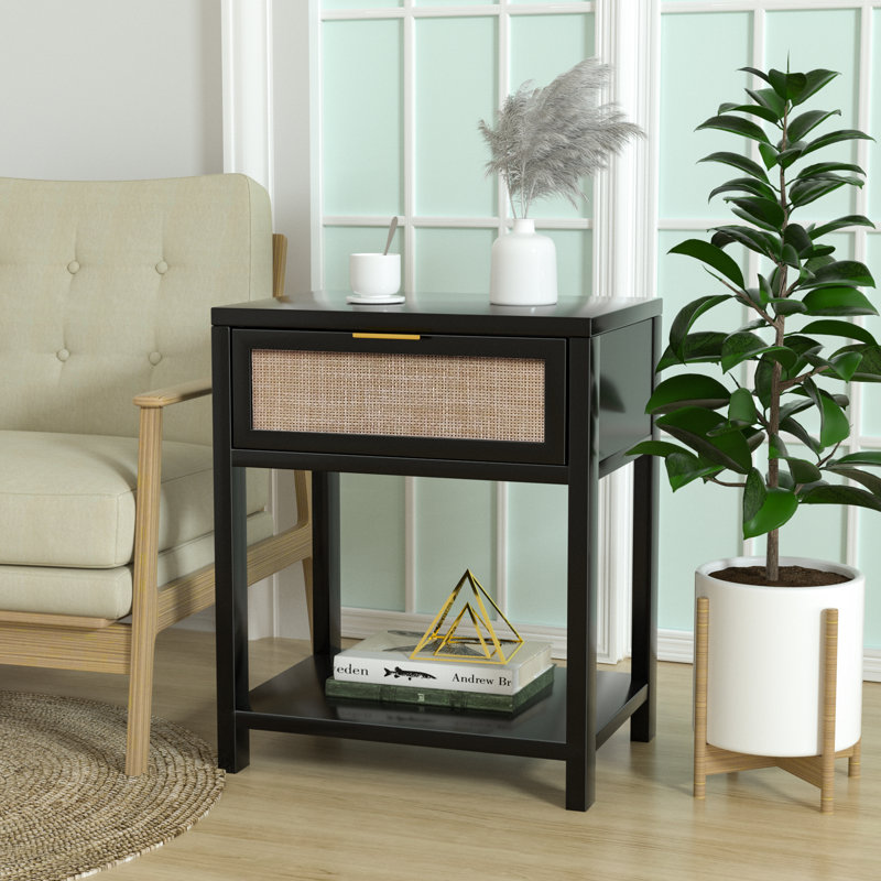 Wood Nightstand Mid-Century Modern End Table with Storage Drawer Rattan Bedside Table