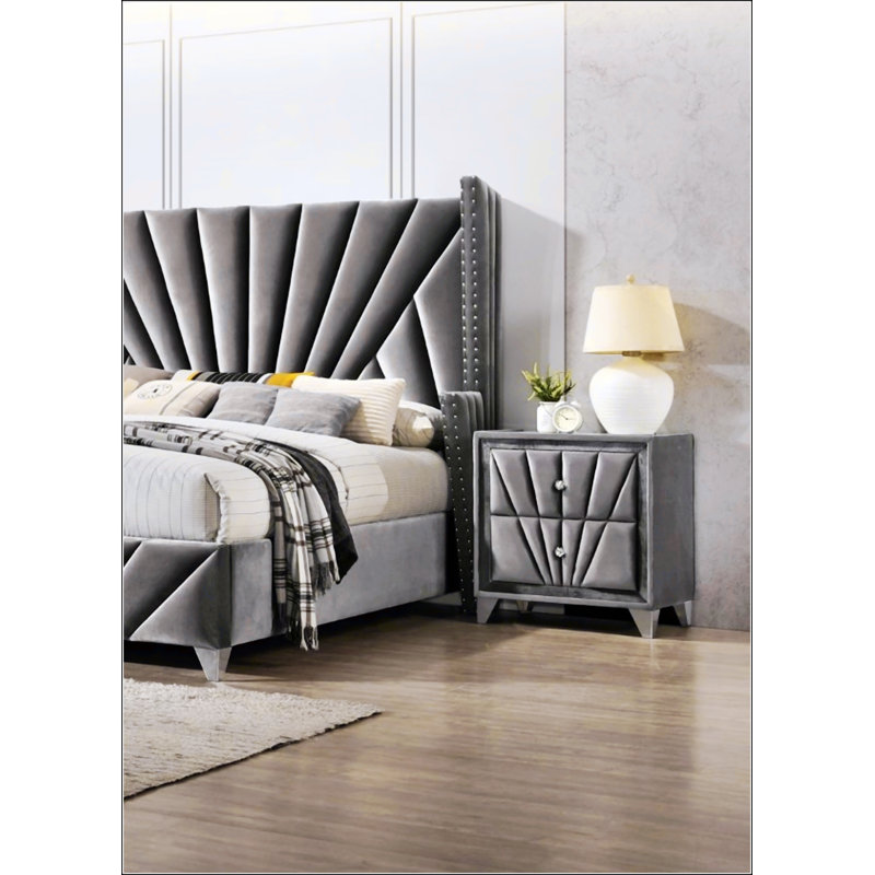 Superbe table de chevet entièrement rembourrée en tissu, Gris
