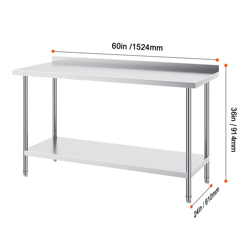 Table de travail en acier inoxydable avec cloison arrière, tablette réglable, H 36 po x l 60 po x P 24 po