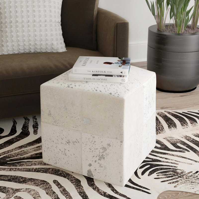 Victorian Hair on Hide with Spots Cube Ottoman, Ivory/Beige Genuine Leather