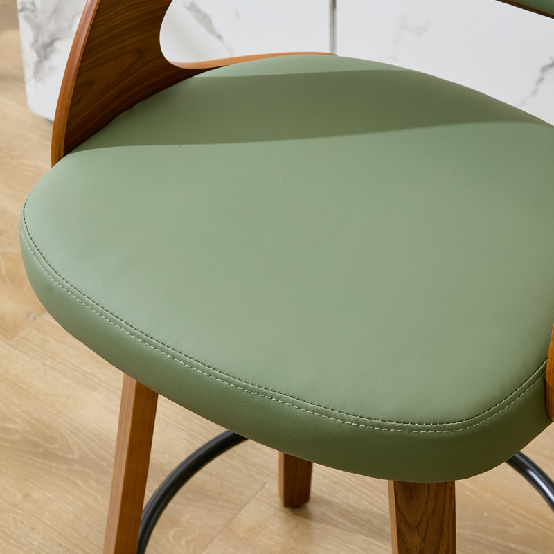 Modern Faux Leather Swivel 26'' Stools , Wood Counter Stools with Footrest, Green, Counter Stool (26” Seat Height)
