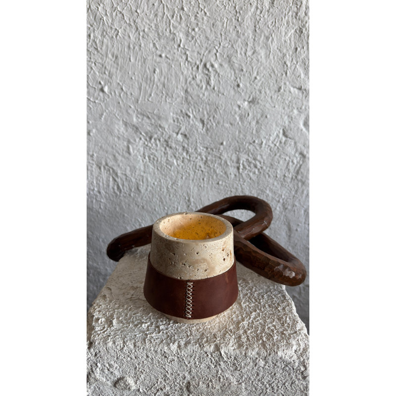Leather Decorated Travertine Large Candle Holder