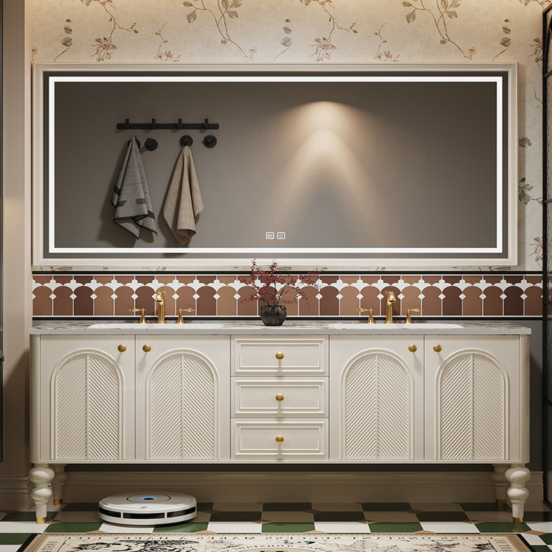 Armoire de salle de bain double à double cuve rétro, Blanc cassé, 83"