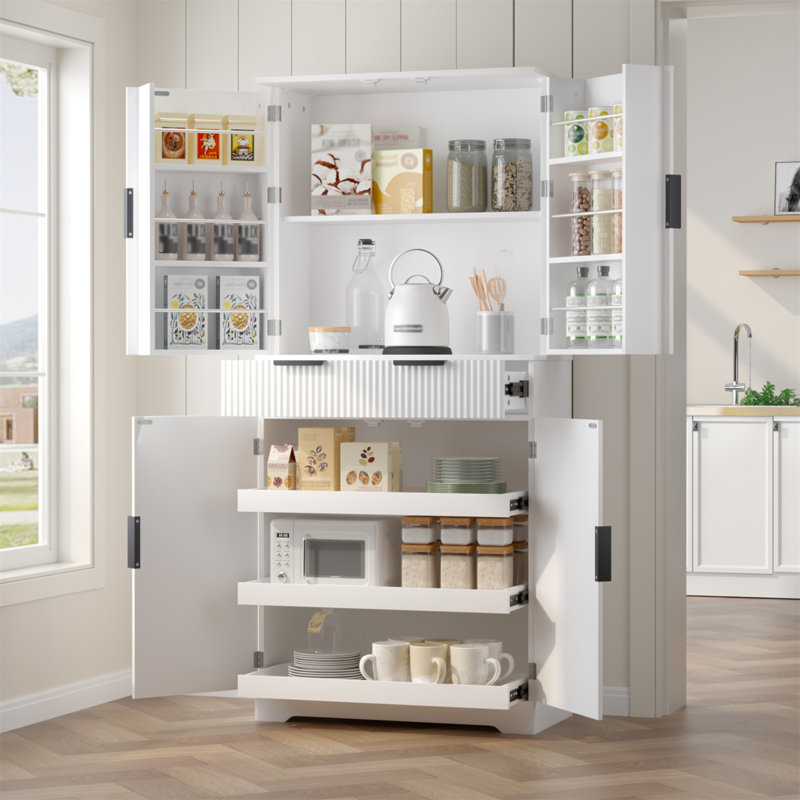 72" Fluted Kitchen Pantry Cabinet With 3 Keyboard Drawers & 6 Door Shelves Adjustable, Freestanding Cupboard Storage Cabinet For For Bathroom, Diningroom, Office, Entryway, White
