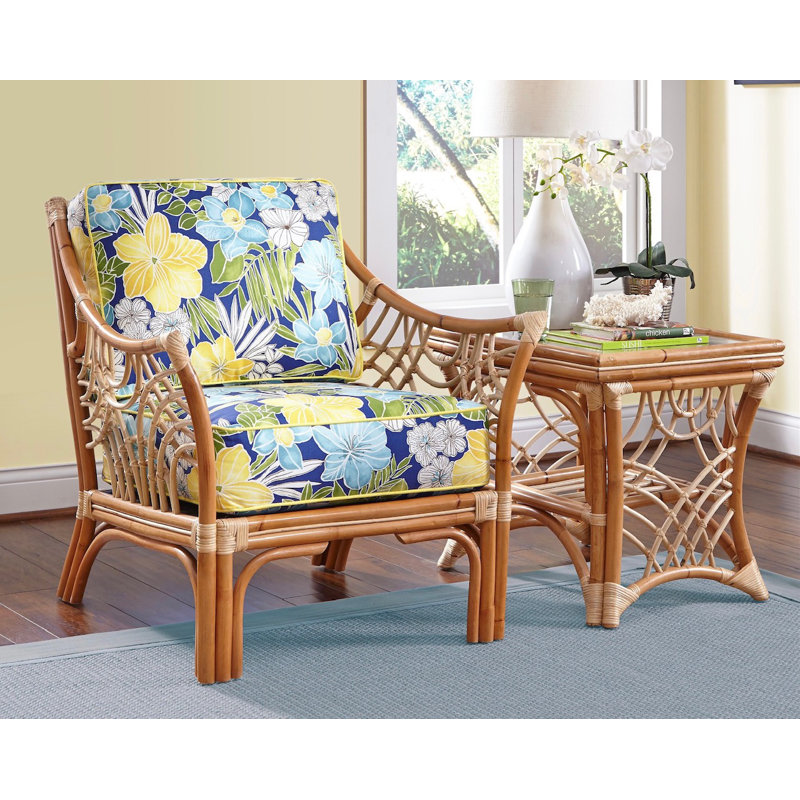 Rainey 32.5" Wide Armchair and Matching End Table, Natural, Clemens Sunblue Cotton