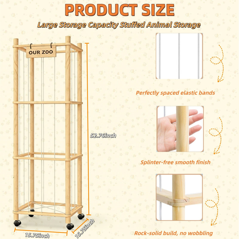 Natural Wood Stuffed Animal Storage Rack with Rolling Casters - 52.76" Tall Large Capacity Organizer for Kids Room
