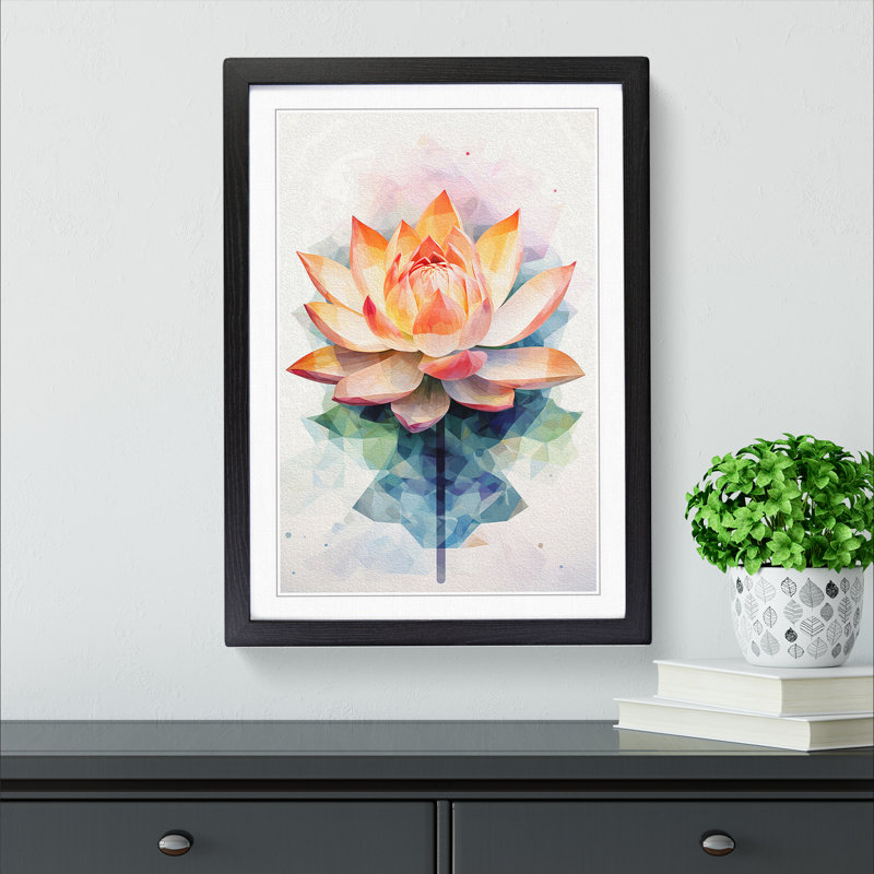 Lotus Flower Geometric No.2 - Single Picture Frame Print on Wood, 64cm H x 46cm W x 2cm D, Black