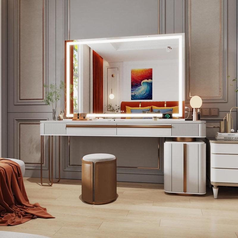 Miroir lumineux à DEL avec interrupteur tactile pour salle de bain et coiffeuse avec grossissement amovible et port de charge USB