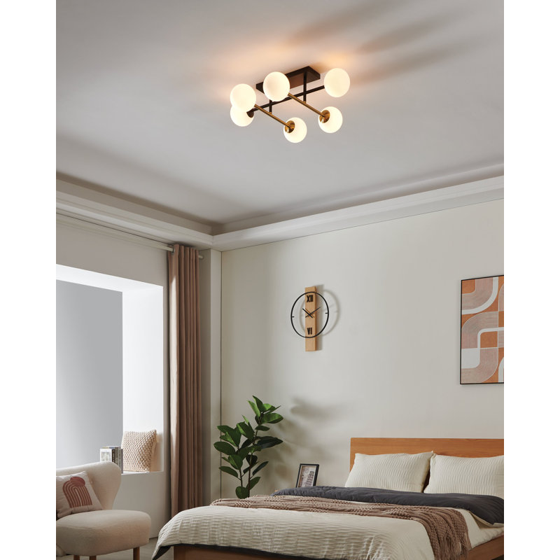 Plafonnier semi-encastré noir 6 lumières Ved avec abat-jour en verre blanc
