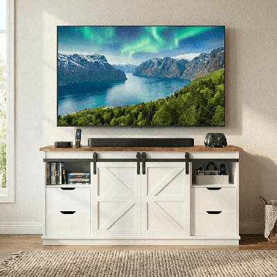 Console pour téléviseur de 58 po avec portes de grange coulissantes, 4 tiroirs et rangement multimédia - Convient aux téléviseurs de 65 po ou moins
