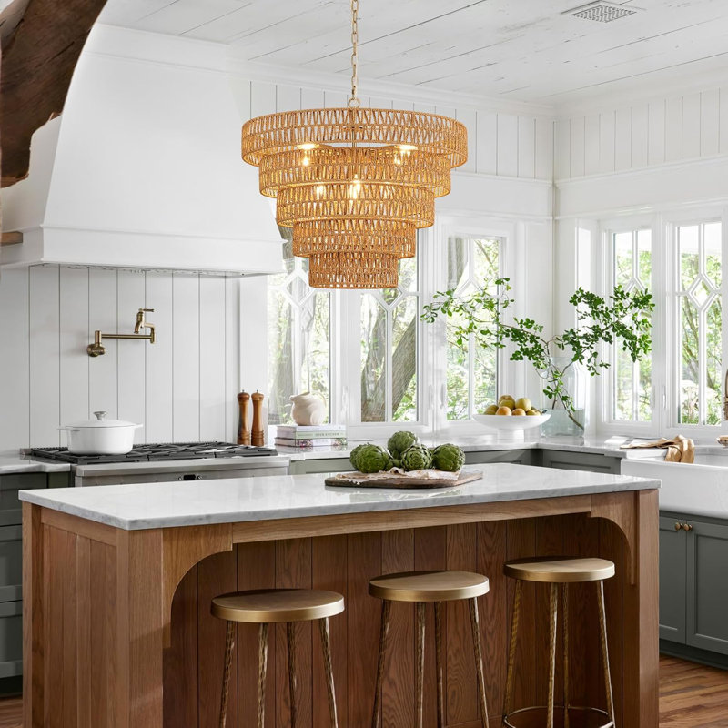 Lustre en rotin tissé à la main avec 8 lumières, style bohème campagnard rétro, hauteur réglable, base E12, parfait pour la salle à manger, la cuisine, la chambre à coucher