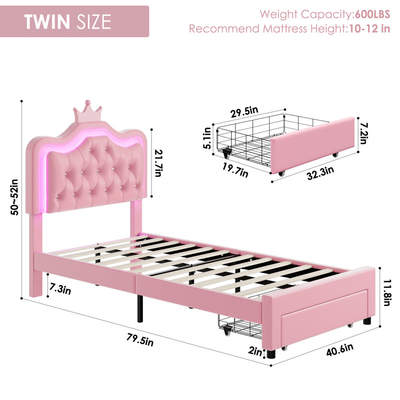 Largent Leather Upholstered Storage Bed with LED Lights and Crown Headboard, Kids Beds, Twin, Pink