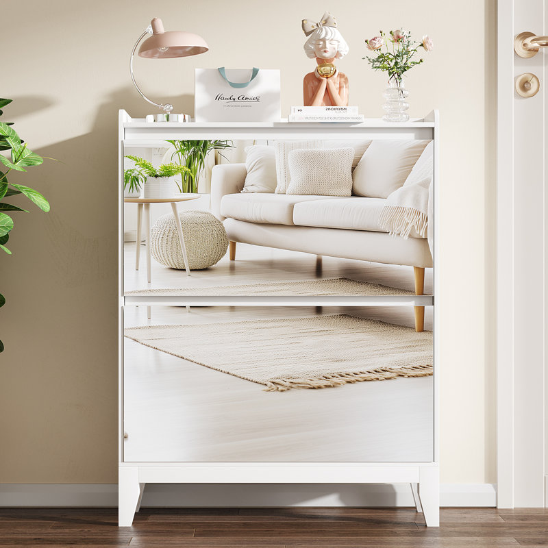 Mirrored Shoe Storage Cabinet With 2 Flip Drawers, White
