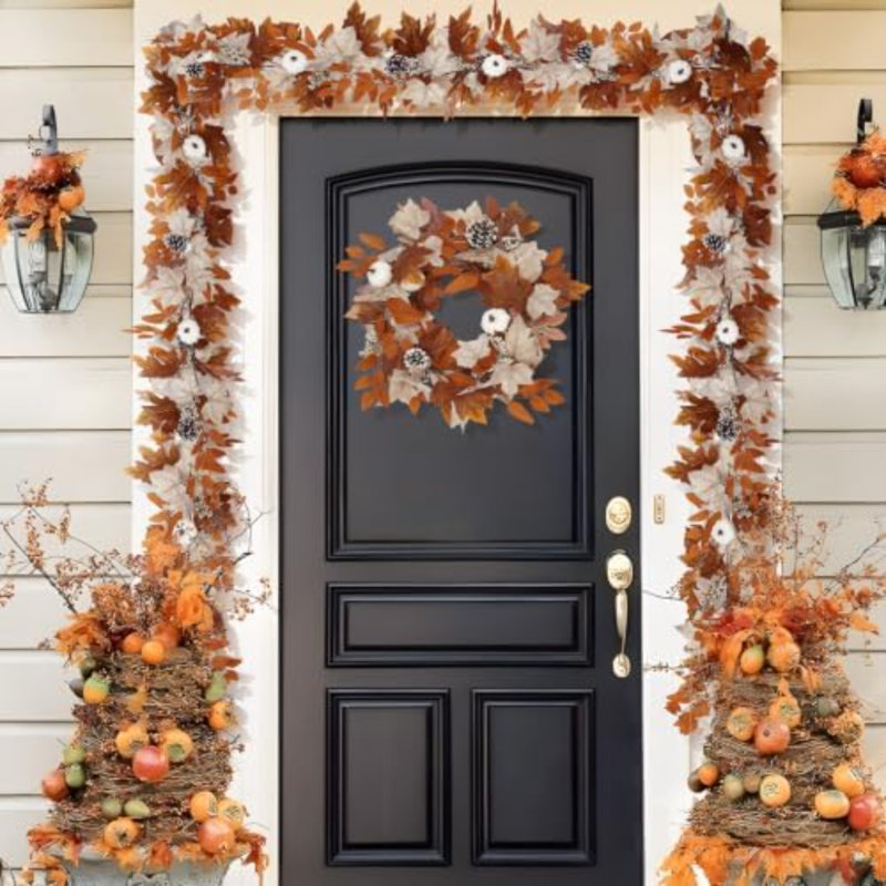 Fall Garland with Lights & Timer, Thanksgiving Fireplace Mantel Décor, 108" L