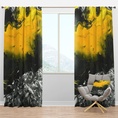 White, Black and Yellow Marbled Acrylic Painting - Modern Velvet Curtain - 1 panel