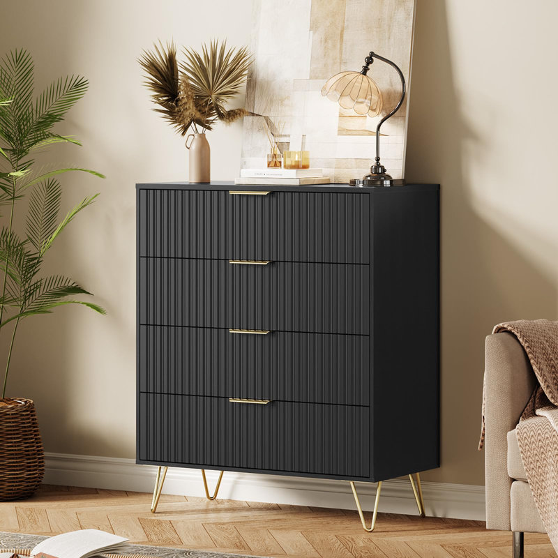 Commode cannelée de 38 po à 4 tiroirs avec poignées en métal, Noir