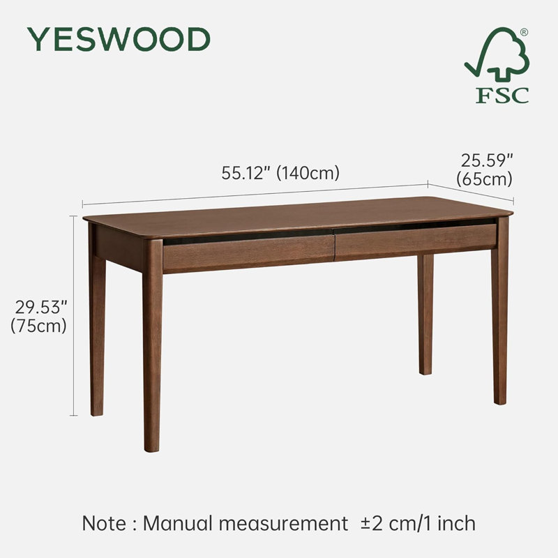 Modern Traditional Solid Wood Writing Desk with 2 Concealed Drawers, 55"W