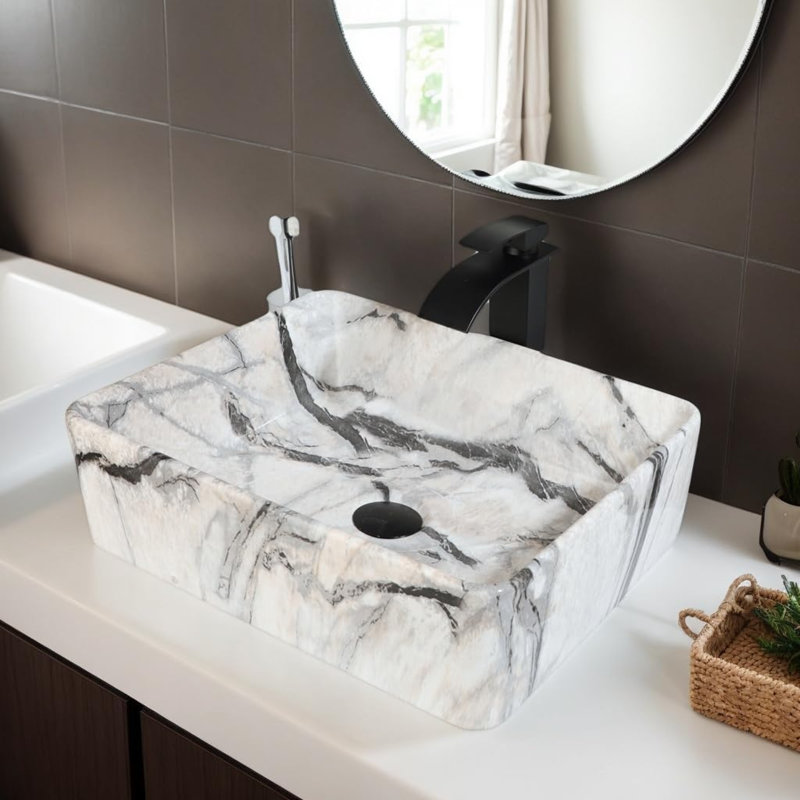 Lavabo de salle de bain rectangulaire en céramique d'aspect marbre blanc 19 po x 15 po au-dessus du comptoir