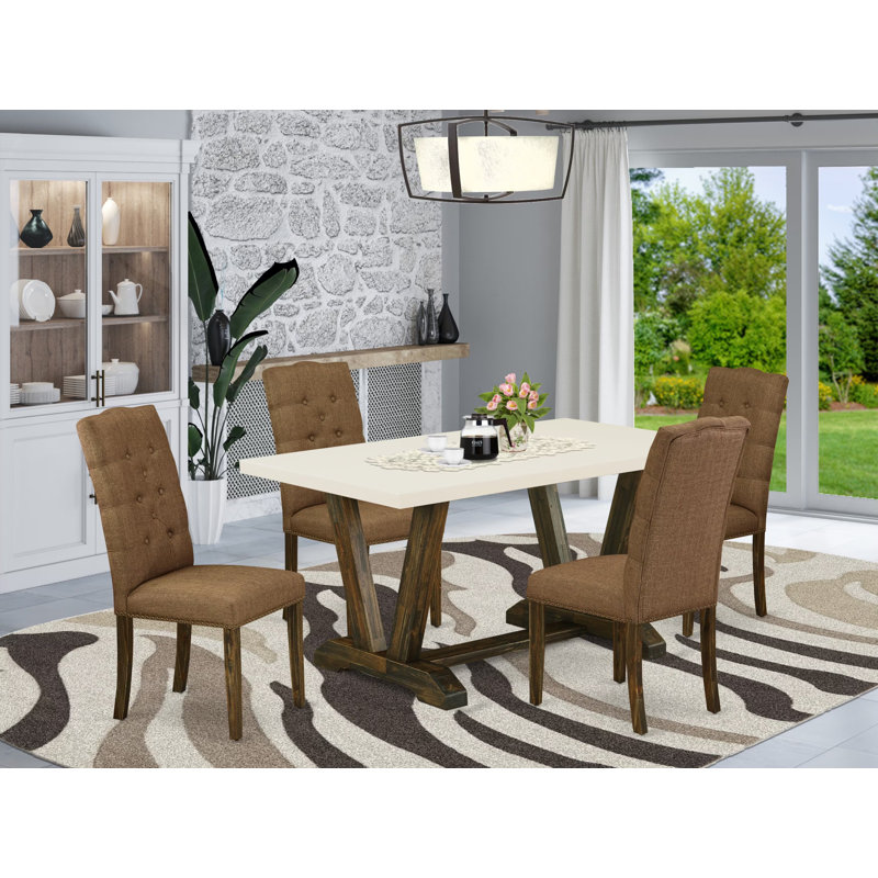 L'ensemble de table de salle à manger 5 pièces comprend une table rectangulaire blanc cassé (blanc cassé) et 4 chaises rembourrées en tissu brun avec dossier capitonné - finition jacobine patinée