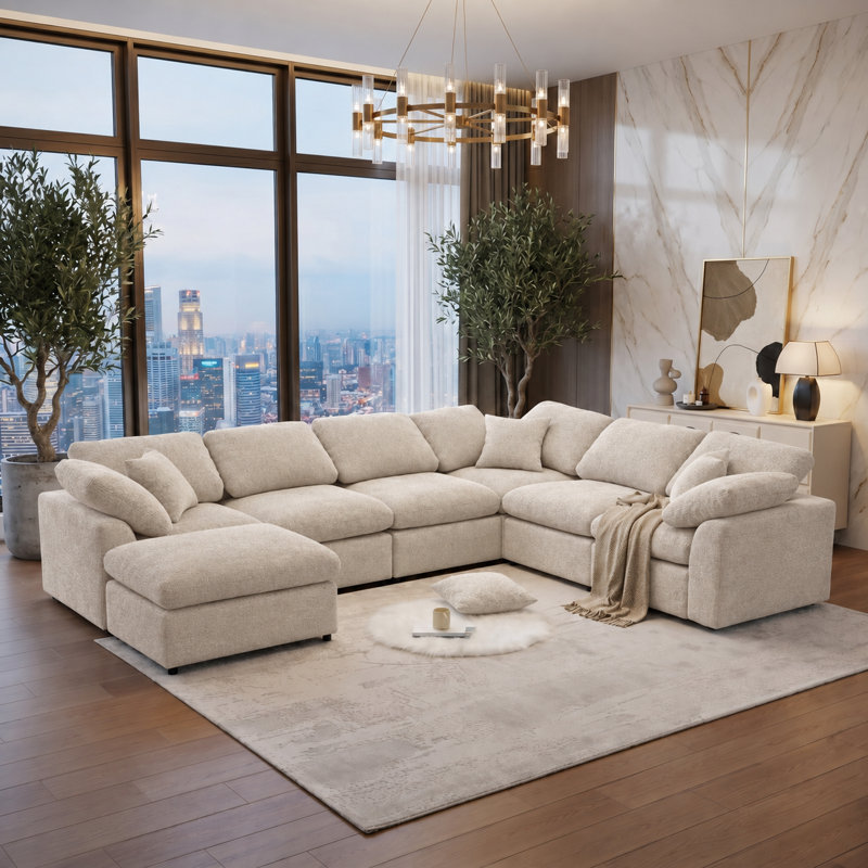 Canapé d'angle modulable 7 places surdimensionné avec coussins moelleux et pouf amovible - Canapé en chenille en forme de L reconfigurable, agencement personnalisable pour les grands salons, appartements et bureaux