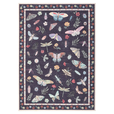 Insect Floral Area Rugs Modern Accent Carpet with Non-Slip Backing, Stain-Resistant Low Pile Floor Cover, Machine Washable Ultra-Soft Indoor Mat for Living Room, Bedroom, Kitchen