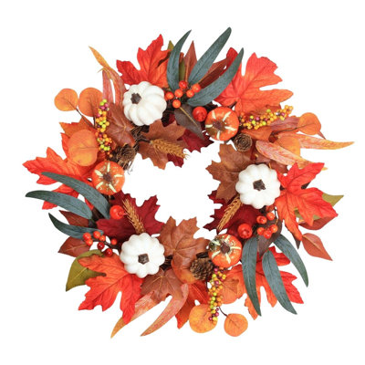 Couronne d'automne pour porte d'entrée, couronne d'automne de 19,7 pouces avec feuilles d'érable et baies de citrouille, décorations d'automne pour la maison, couronne de porte de récolte artificielle à l'extérieur, fenêtre, mur, décoration de manteau de cheminée