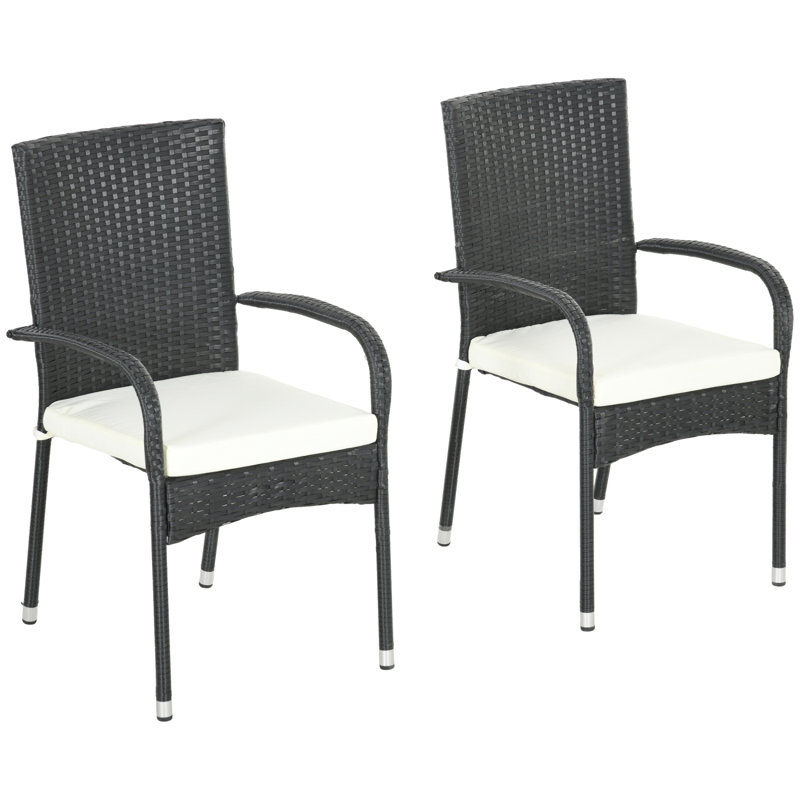 Stackable Pe Rattan Outdoor Dining Chairs With Cushions, Set Of 2 Patio Wicker Dining Chairs With Armrests And Backrest