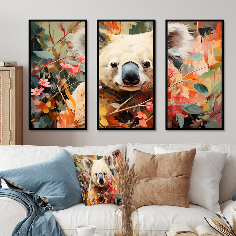 Floral, rose et vert Koala II - Koala, art mural animal, Cadre flottant noir, H 32 po x l 48 po