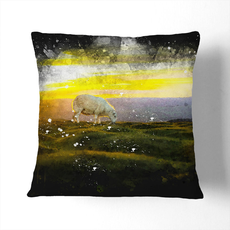 Grazing Sheep at Sunset Paint Splash Cushion with Filling, 40cm H x 40cm W x 15cm D, Black