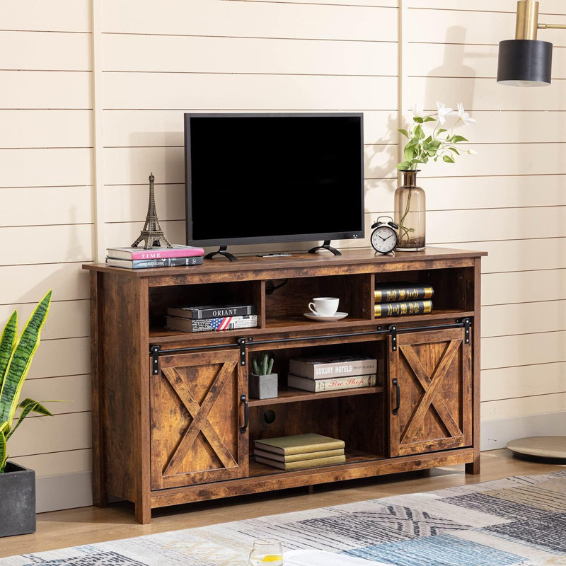 Cabinet de café avec porte de grange coulissante rustique, armoire de rangement avec prise de courant, buffet pour la cuisine, la salle à manger ou le vestibule