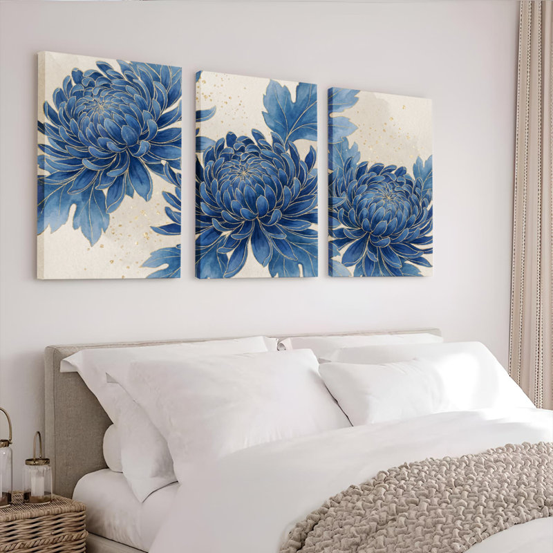 Ensemble de 3 tableaux sur toile tendue à motif floral de chrysanthèmes bleus, pour la décoration du salon et de la chambre.