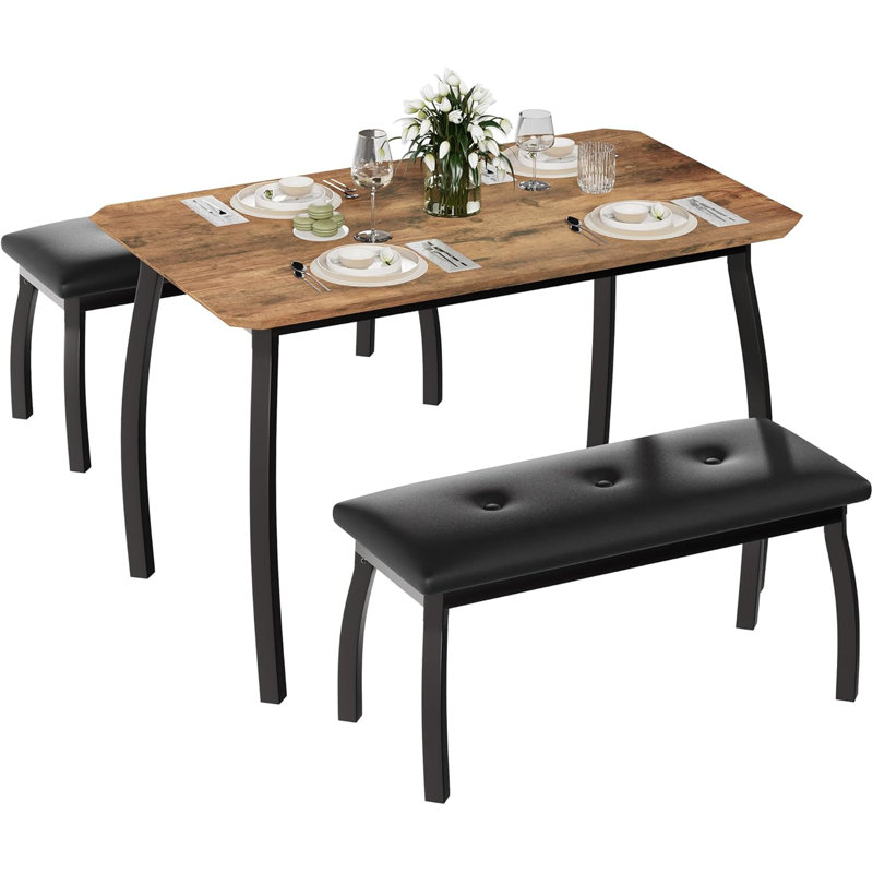 Dining Table Set for 4 Metal Frame Kitchen Table Set with 2 Upholstered Bench 3Pcs Dining Room Table Furniture for Apartment Studio Home Easy Assembly Retro Brown