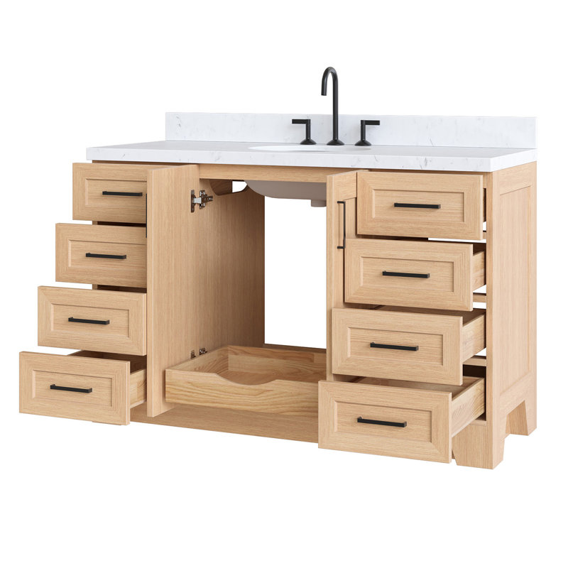 Meuble-lavabo simple 54 po en bois massif bleu minuit avec plateau en quartz blanc Carrara de 1,5 po Freitas, évier central ovale