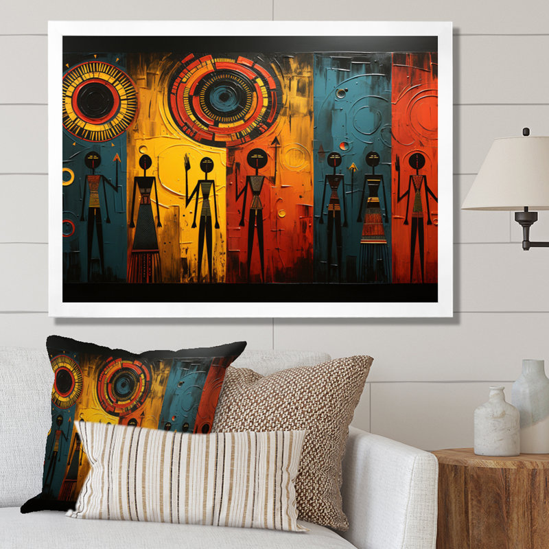 Khoary African Tribal Rhythms VII - Art mural tribal africain pour le salon, H 30 po x l 40 po, Cadre photo unique, Blanc