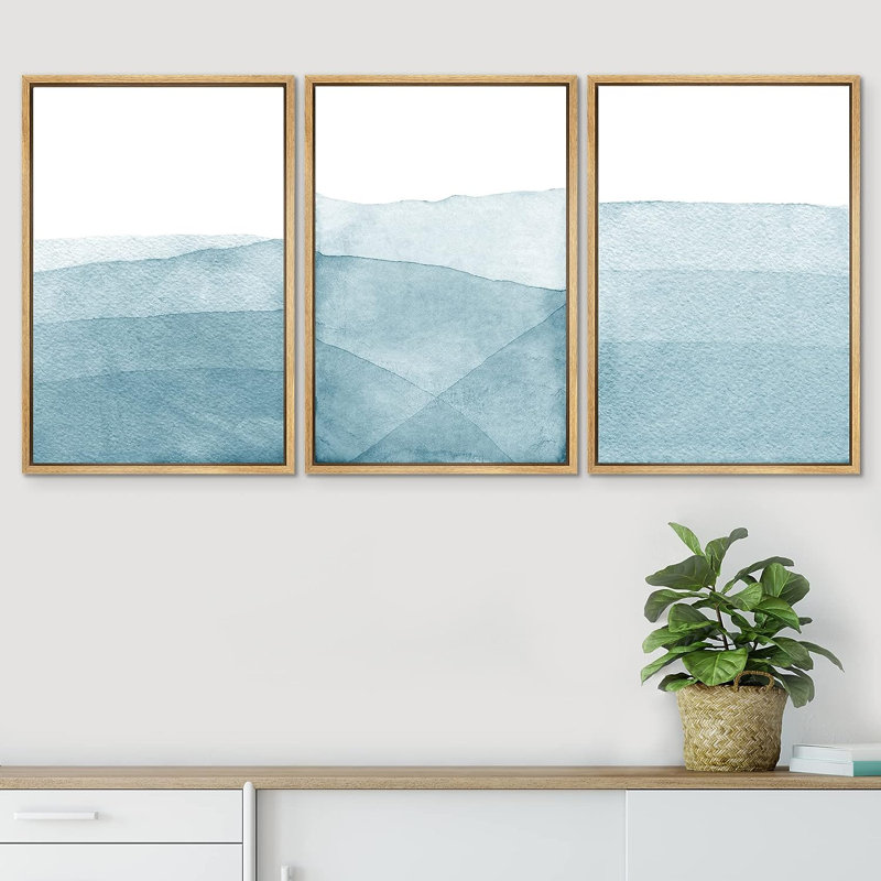 Blue Abstract Landscape Canvas Print Set with Natural Frames