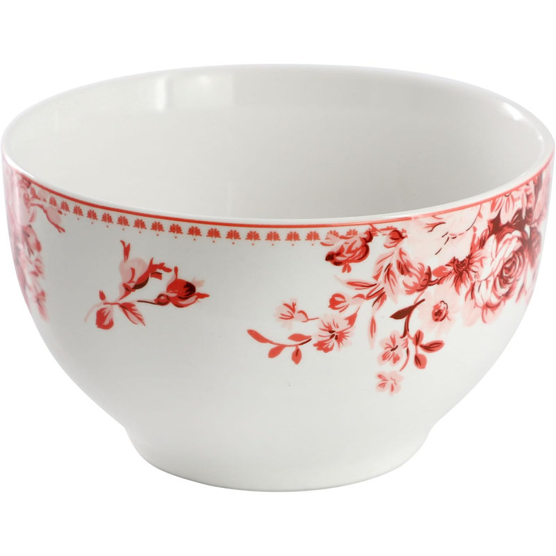 Service de table 16 pièces en grès avec motif floral rose, service de vaisselle complet pour 4, Rouge