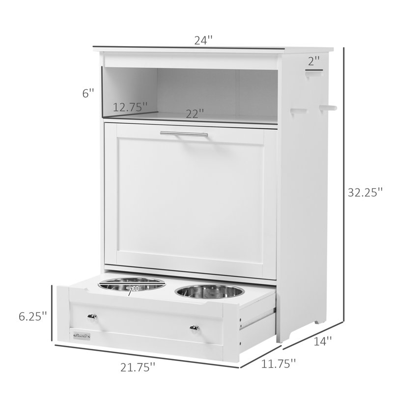 White Elevated Dog Feeder Station with Storage Cabinet