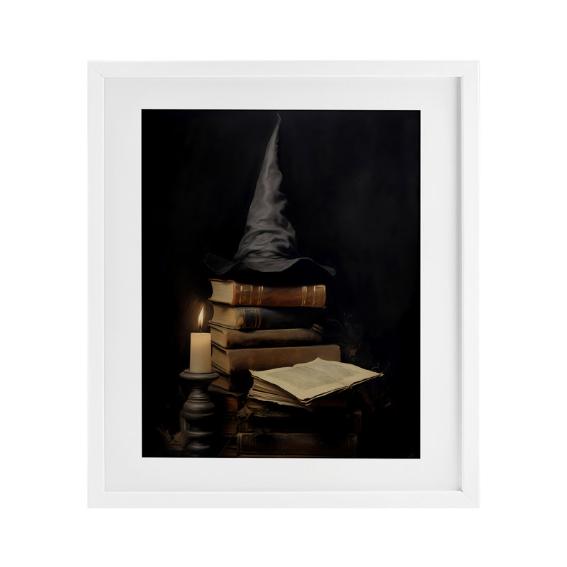 Bibliothèque et chapeau de sorcière, reproduction encadrée sous verre, design par LSR Design Studio, H 21 po x l 17 po