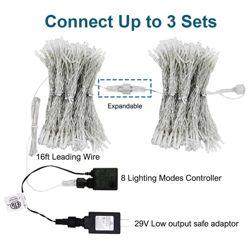 304 LED Curtain Plug in String Lights, 8 Modes with Remote Contro, Blue